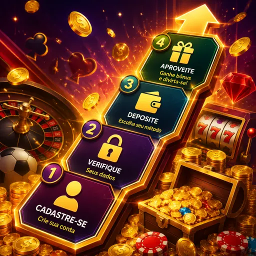 Etapas ilustradas para criar conta e acessar o catálogo de jogos